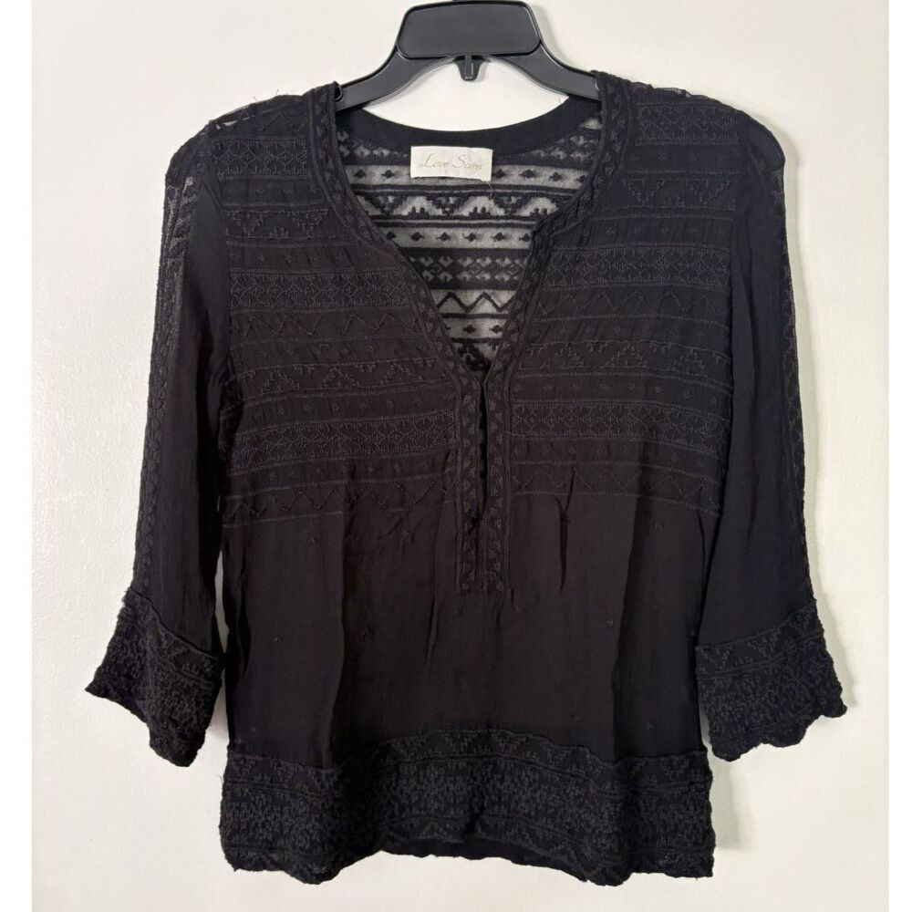 Love Sam Black Sheer Embroidered Blouse Deep V-Neck Boho Romantic Whimsigoth S - Picture 2 of 9